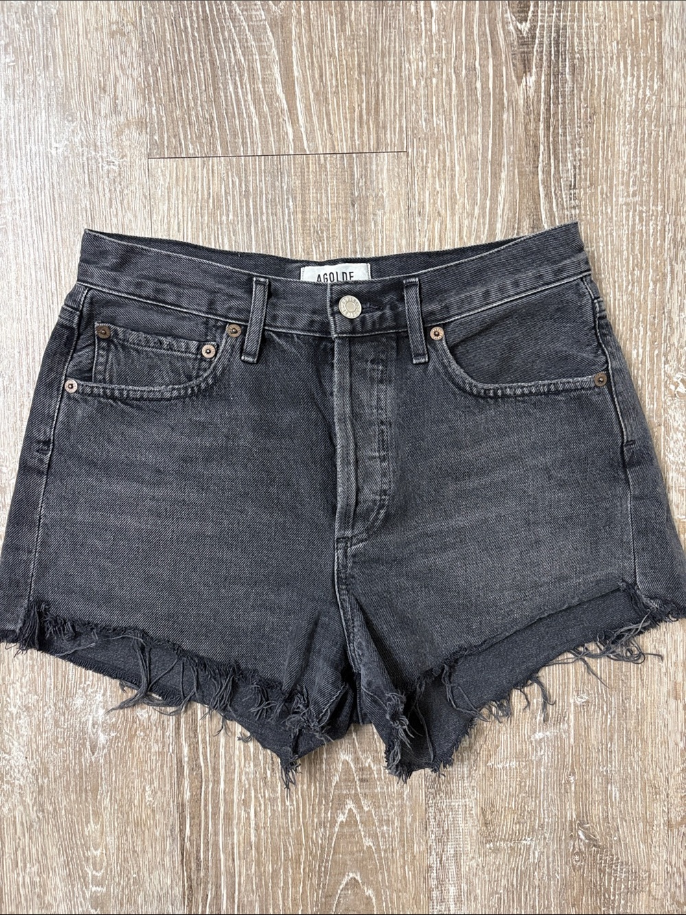 Agolde Parker Washed Black High-Rise Frayed Denim Shorts